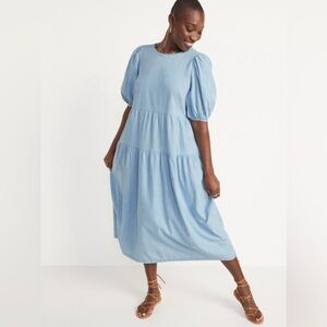 ON Tiered Chambray Puff-Sleeve Midi Swing Dress Size M